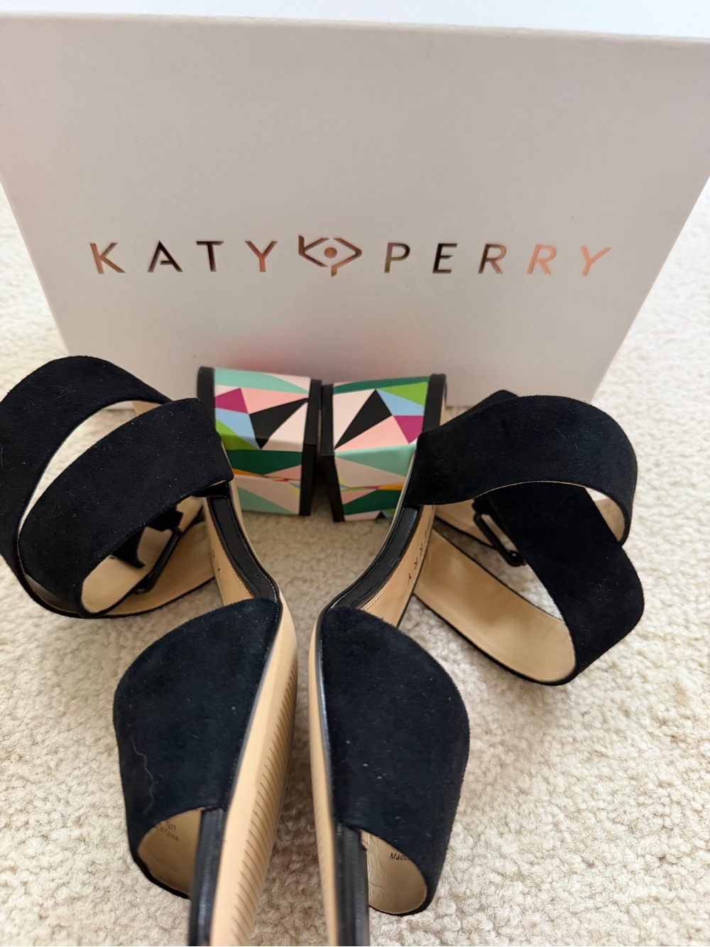 Katy Perry Collections Black Suede Sandals with Colorful Geometric Block Heels